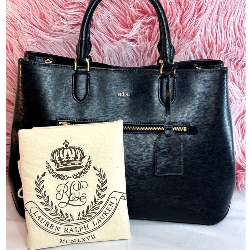 Lauren Ralph Lauren Saffiano Newbury Sabine Satchel Black Leather Gold Hardware - Picture 3 of 12